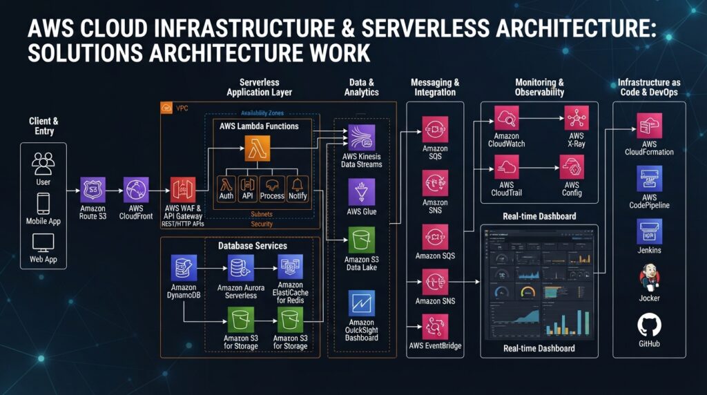 Diagram illustrating AWS cloud architecture, infrastructure, and serverless services.