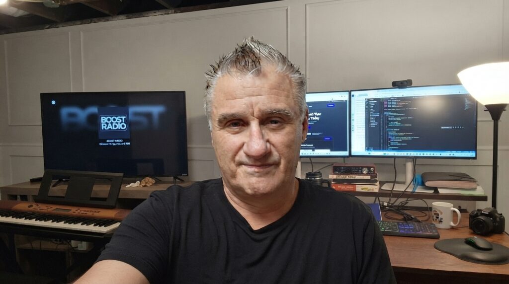 Doug Conrad working at his computer workstation in his home office.