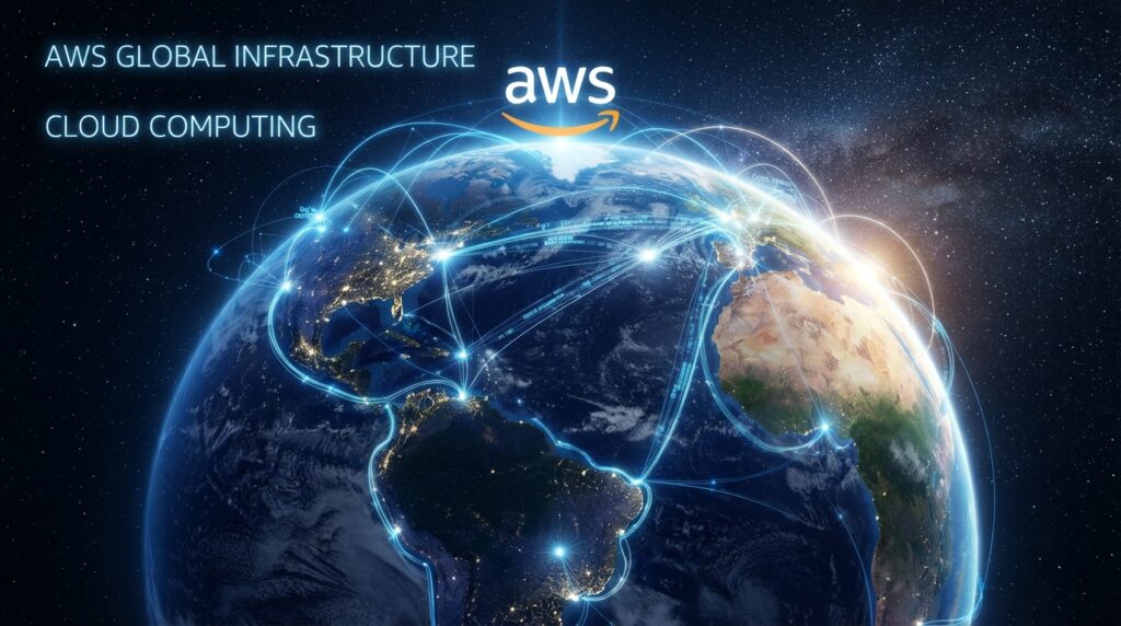Digital Earth surrounded by glowing cloud computing and global network connections.