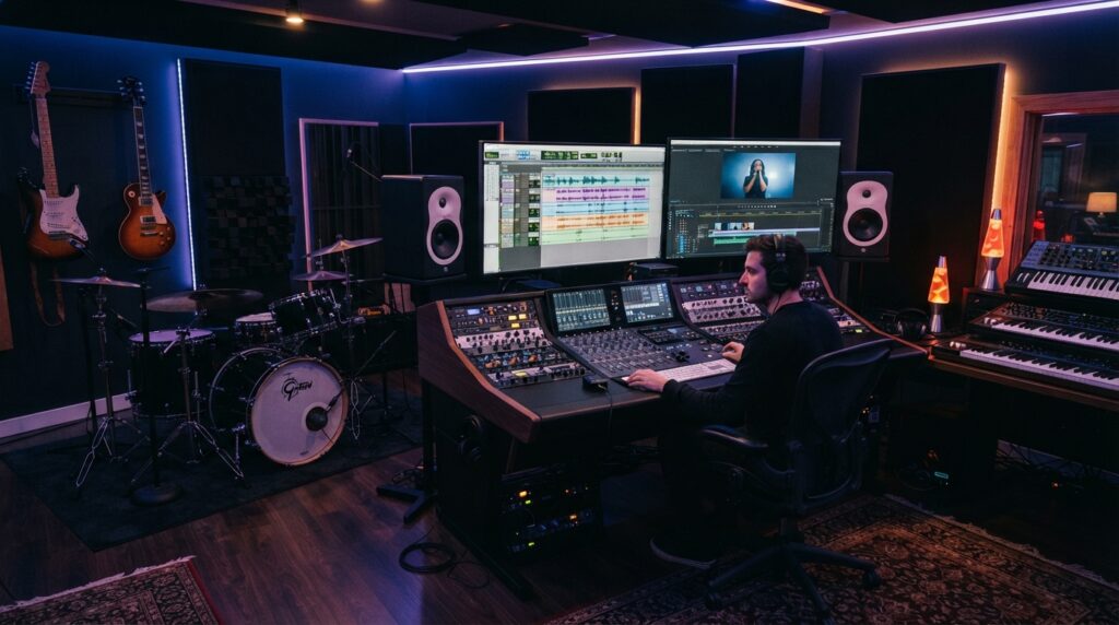 Music and video production studio with audio mixing equipment and computer monitors.
