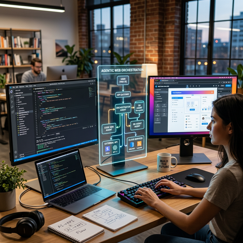 Developer working with code and an AI orchestration workflow on multiple screens