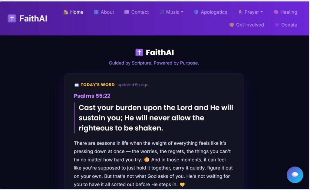 FaithAI website featuring Christian faith resources, prayer support, and inspirational content.